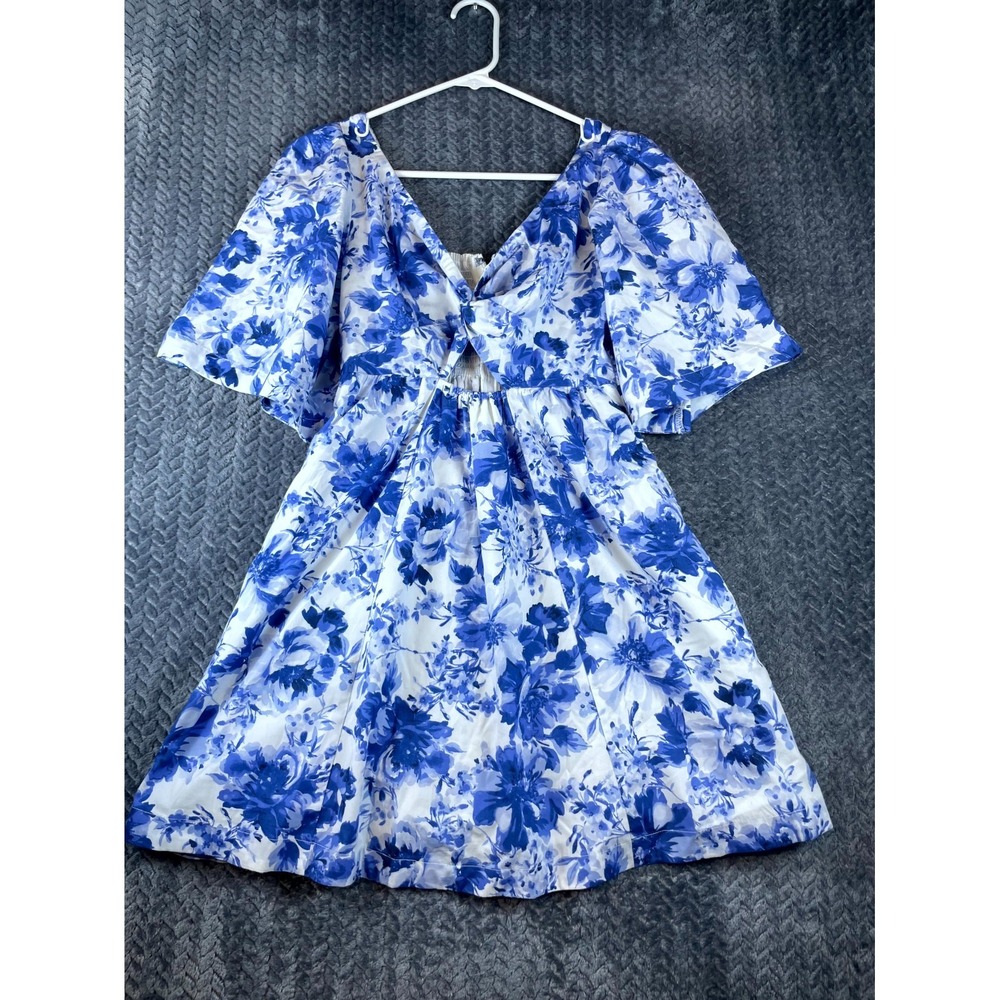 Abercrombie & Fitch Mini Dress Women XSP Blue Floral Cutout Poplin Twist Smocked